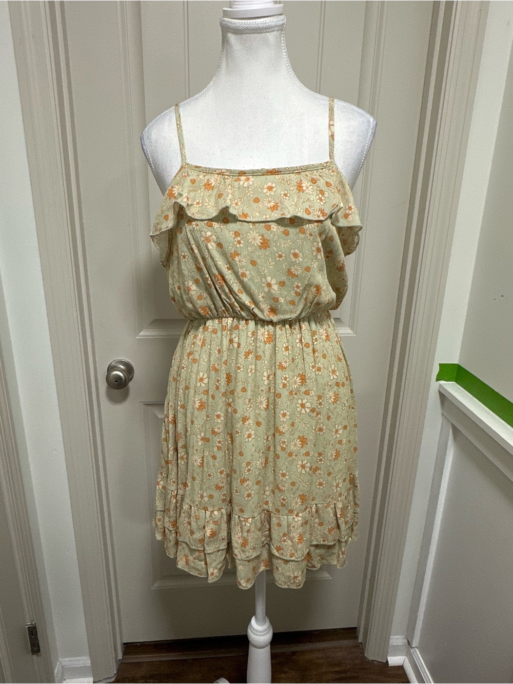 Altar'd State Light Sage Floral Ruffle Spaghetti-Strap Mini Dress